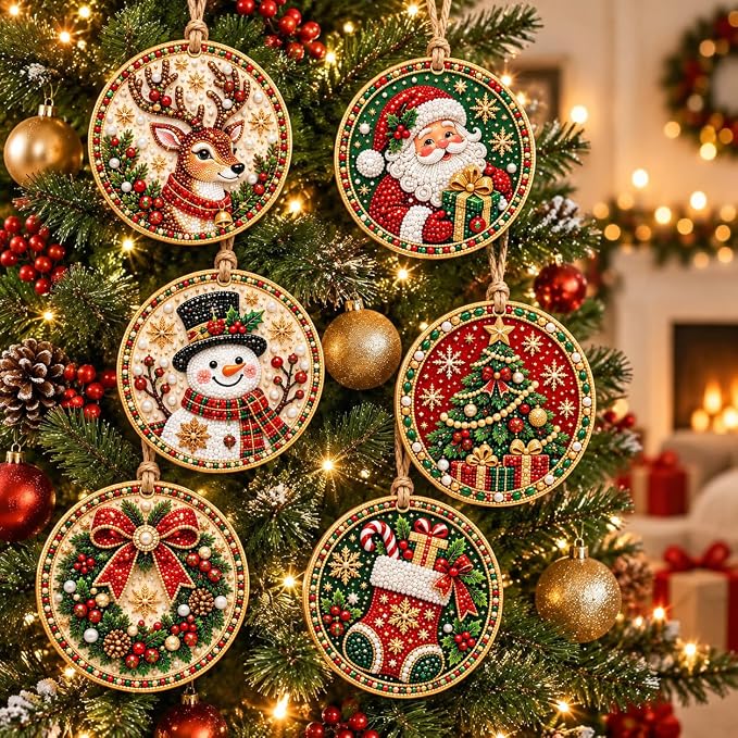 Solaviya 6PCS Christmas Wooden Ornaments DIY Pearl Diamond Painting Kit - skull painting