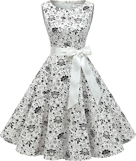 Women's 1950s Vintage Cocktail Swing Midi Sleeveless Dress with Pockets - sugar skull dress