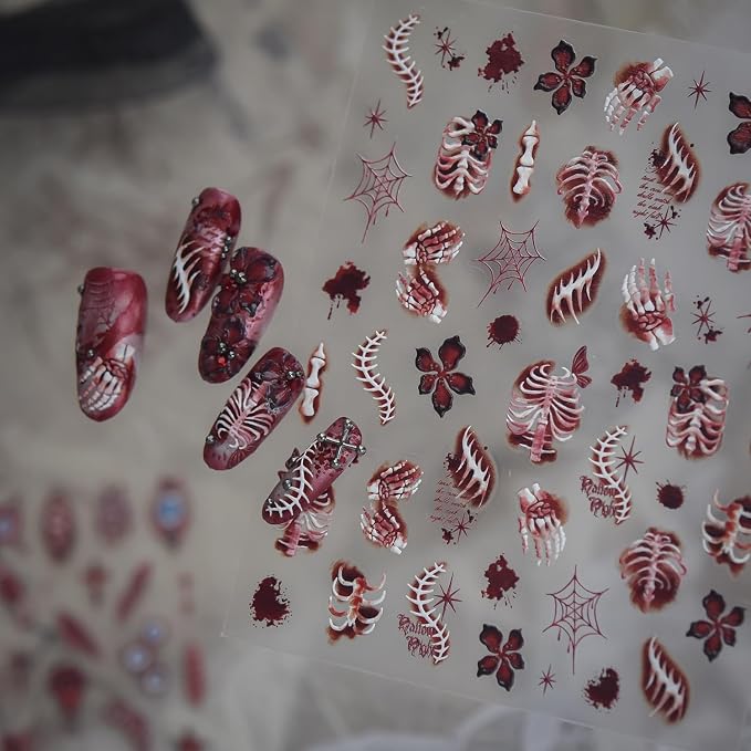 1 Sheet Gothic Halloween Skull Nail Art Stickers 5D Embossed Self-Adhesive White Bone Skeleton with Red Blood Style Nail Decals Flower Spider Web Star Designs Halloween for Women Nails Supplies - skull sticker