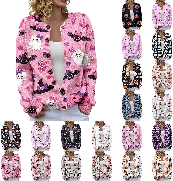 Halloween Sweaters for Women Work Pumpkin Ghost Knit Cardigan - skull jacket