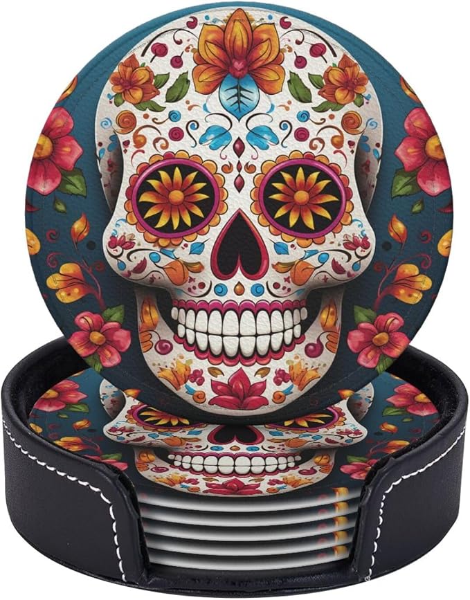 6 Pcs Coasters for Drinks with Holder,Cup Mats Set for Tabletop Protection - skull coaster