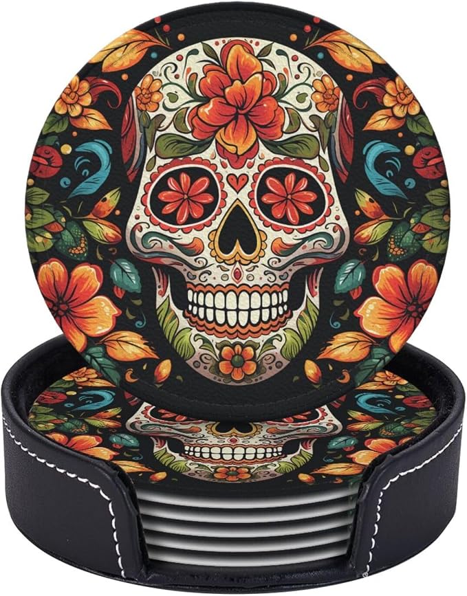 6 Pcs Coasters for Drinks with Holder,Cup Mats Set for Tabletop Protection - skull coaster