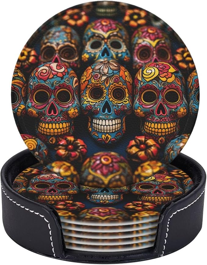 6 Pcs Coasters for Drinks with Holder,Cup Mats Set for Tabletop Protection - skull coaster