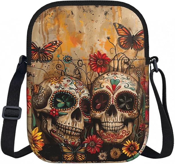 Sugar Skulls Butterfly Print Women Crossbody Bag Shoulder Lightweight Travel Purse Casual Daily Handbag