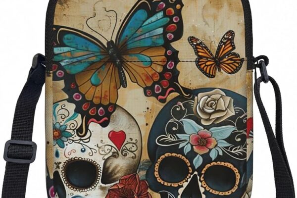 Sugar Skulls Butterfly Print Women Crossbody Bag Shoulder Lightweight Travel Purse Casual Daily Handbag