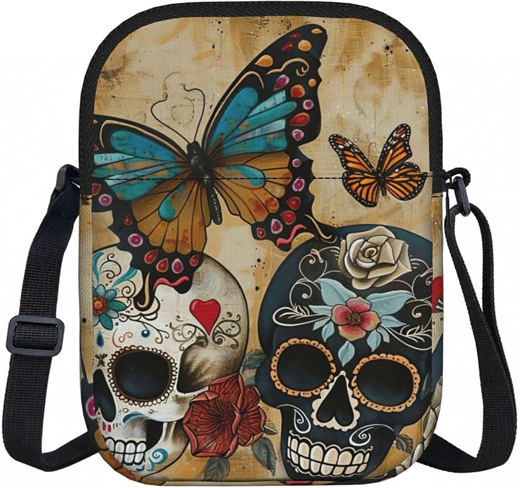 Sugar Skulls Butterfly Print Women Crossbody Bag Shoulder Lightweight Travel Purse Casual Daily Handbag - sugar skull handbags for sale