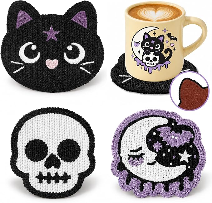 Slohif Cute Crochet Coasters with Felt Backing Decorative Coaster Halloween - skull coaster