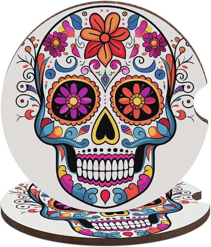 Sugar Skull Car Coaster for Cup Holder with A Finger Notch - skull coaster