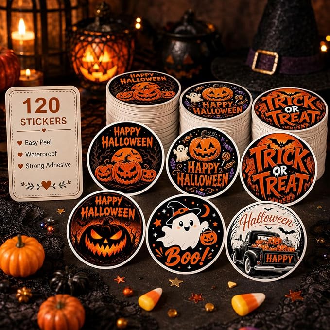 120Pcs Halloween Stickers, Happy Halloween Trick or Treat Favor Labels - skull sticker