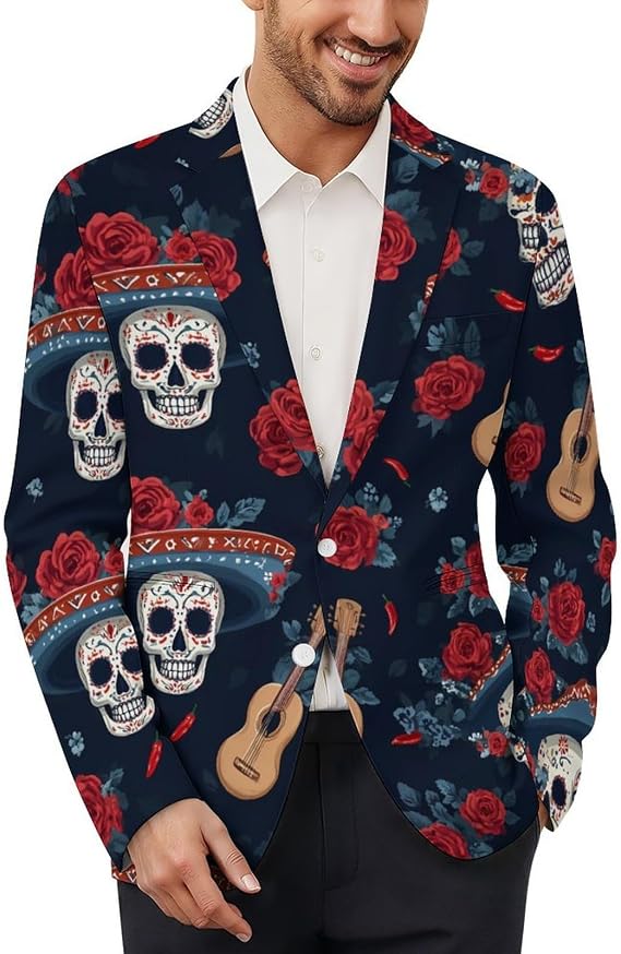 Mexican Floral Skulls Chili Peppers Men Blazer Casual Suit Two Button Jackets 6XL - skull jacket