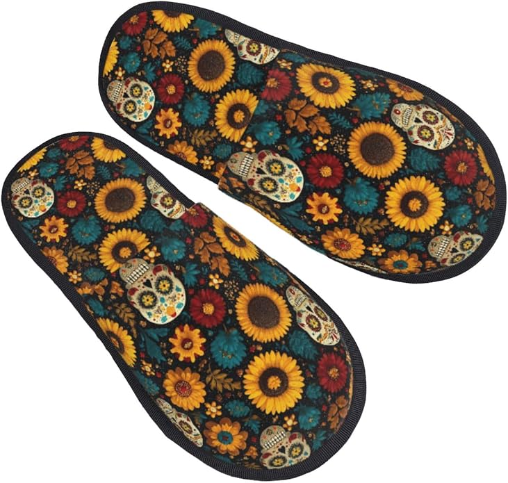 Fuzzy Plush House Slippers For Men & Women - Sugar Skull - sugar skull costume