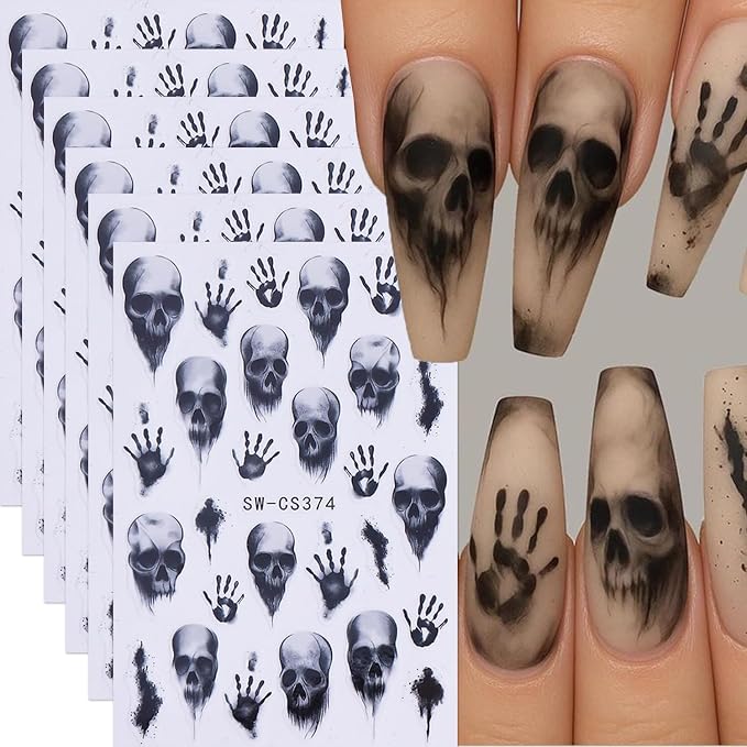 Halloween Bone Nail Art Sticker Skull Handprint Nail Decal 6Pcs/Pack Gothic Dark Horror Nail Art Decals 3D Self-Adhesive Spooky Bones Nail Supplies Accessories for Halloween DIY Manicure Decoration - skull sticker