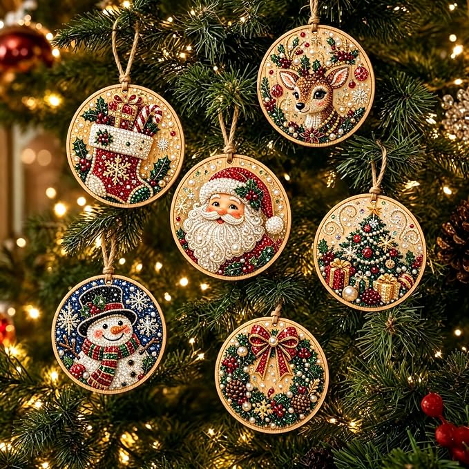 Christmas Diamond Art Kit 6Pcs Pearl Wooden Hanging Ornaments DIY Craft Set - skull painting