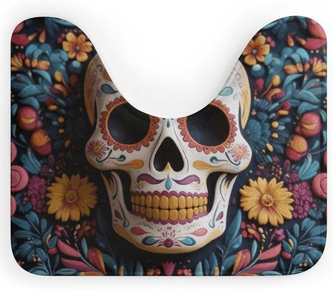 Soft Absorbent U-Shaped Toilet Rug, 20 X 16 in, Sugar Skull - skull toilet mat