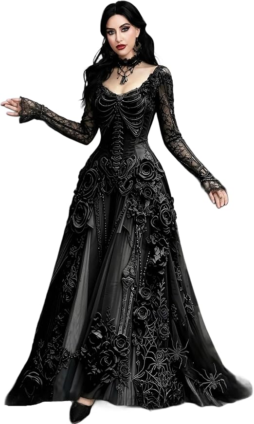JasmyGirls Women Halloween Costume Long Sleeve Witch Skeleton Print Dress - sugar skull dress