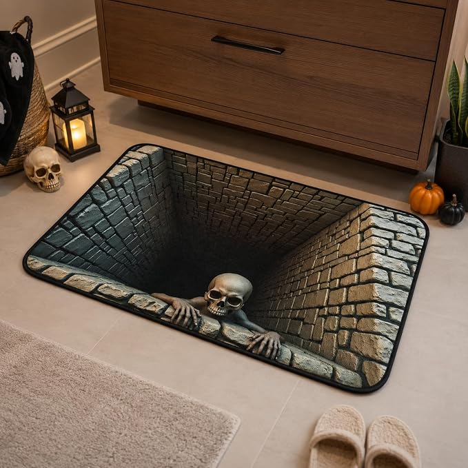 Halloween Door Mat 19 * 31inch 3D Halloween Rugs,Spooky Skeleton Wall Designs Black Non-Slip Doormat，Porch and Entryway Funny Pptical Mat，Indoor Outdoor Home Decor - skull floor mat