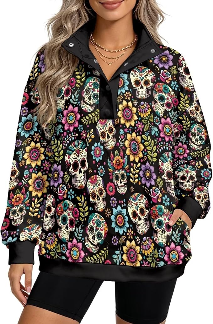 Oversized Sweatshirt for Women Henley Neck Fall Pullover Tops - sugar skull costume