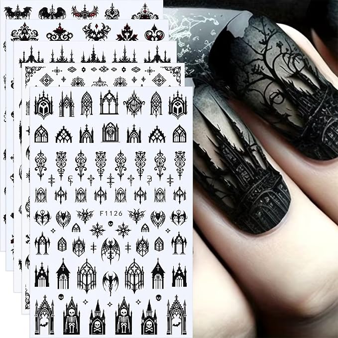 Gothic Nail Stickers, Black Nail Decals for Dark Aesthetic, 5 Sheets - skull sticker
