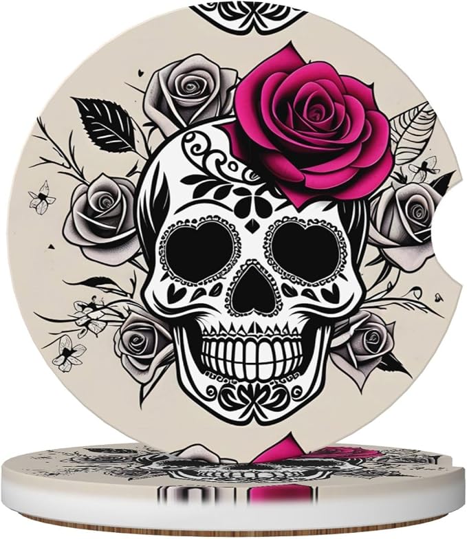 Ceramic Car Coasters 2 Pcs - skull coaster