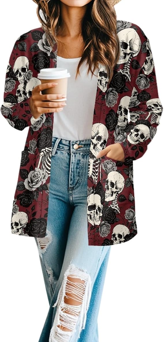 Womens Halloween Cardigan Open Front Lightweight Coat with Pocket - skull jacket