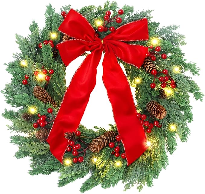20 Inch Christmas Wreath for Front Door with 20 Warm White LED Lights - skull wreath