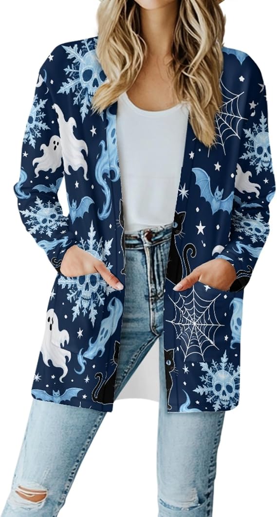 Halloween Womens Open Front Cardigan with Pockets Long Sleeve Jacket Coat - skull jacket