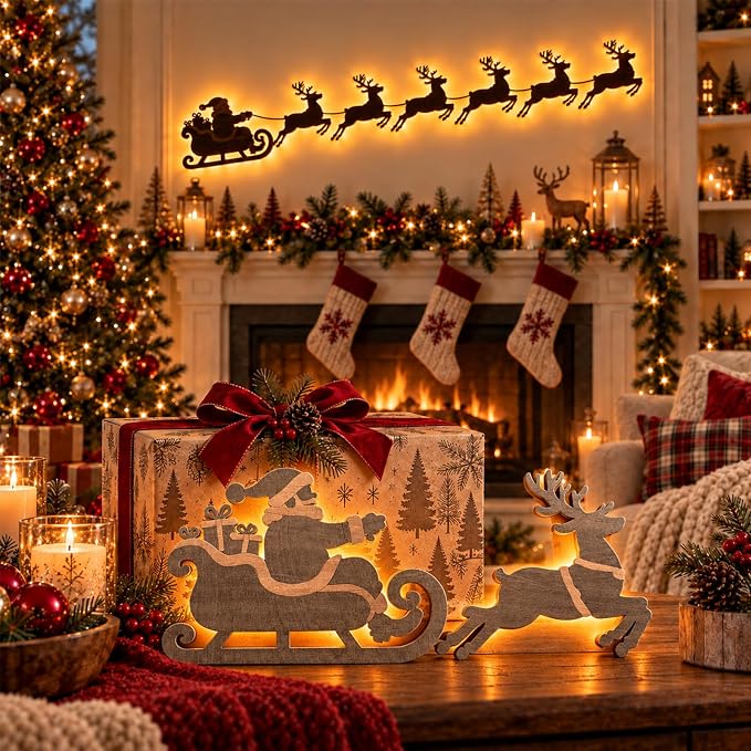 Reindeer Glow Santa Sleigh Christmas Wall Decoration Indoor Lighted 7/14PCS - skull wall art