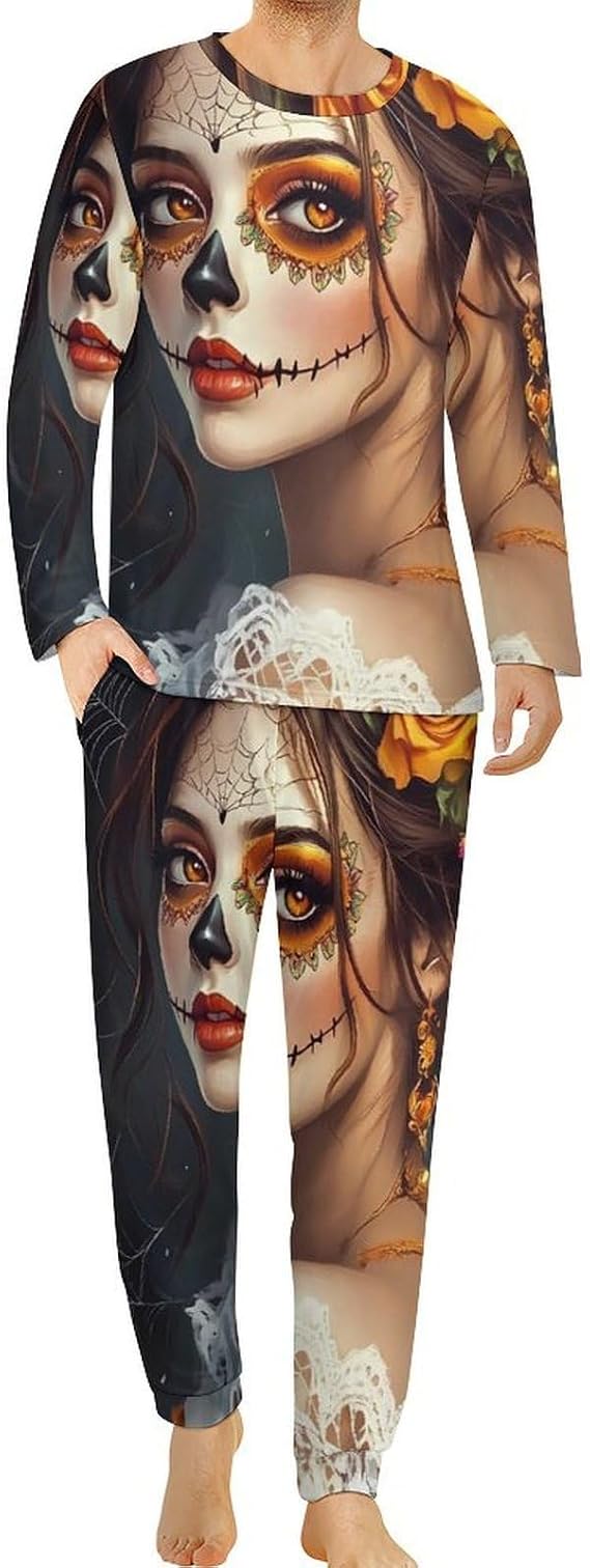 Mexican Day of The Dead Floral Skull Mens Pajamas Set Long Sleeve Sleepwear Lounge Sets for Home Travel Sleep - skull pajamas