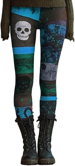 Women's Skull Print Leggings, Colorblock Gothic Style - sugar skull boots