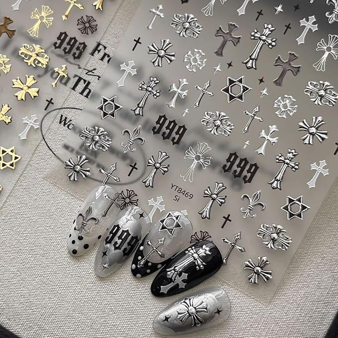 Gothic Nail Stickers Silver Metallic Cross Rose 999 Heart Star Nail Art Decals 3D Self-Adhesive Dark Goth Wednesday Nail Decor Stickers for Women Girls Halloween Party DIY Manicure Supplies - skull sticker