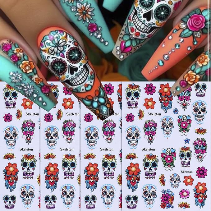 Halloween Nail Stickers Spooky Skull Nail Decals Horror Skeleton Zombie Flower Design Sticker 4Pcs Self Adhesive Holiday Goth Nail Decoration for Women Manicure Accessories - skull sticker