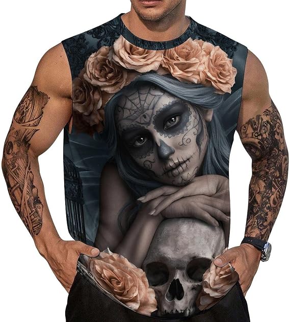 Sugar Skull Spirit Men's Sleeveless Shirt Small - skull tank tops