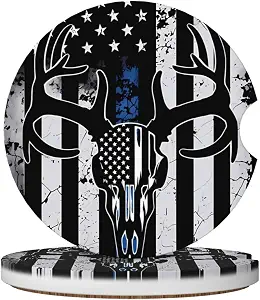 ZANII Deer Skull Flag Car Coasters 2 Pcs Ceramic Absorbent Car Cup Coaster - skull coaster