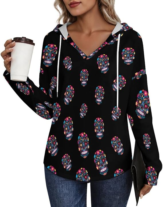 Sugar Skull Women's V Neck Hoodies Pullover 3XL - sugar skull costume