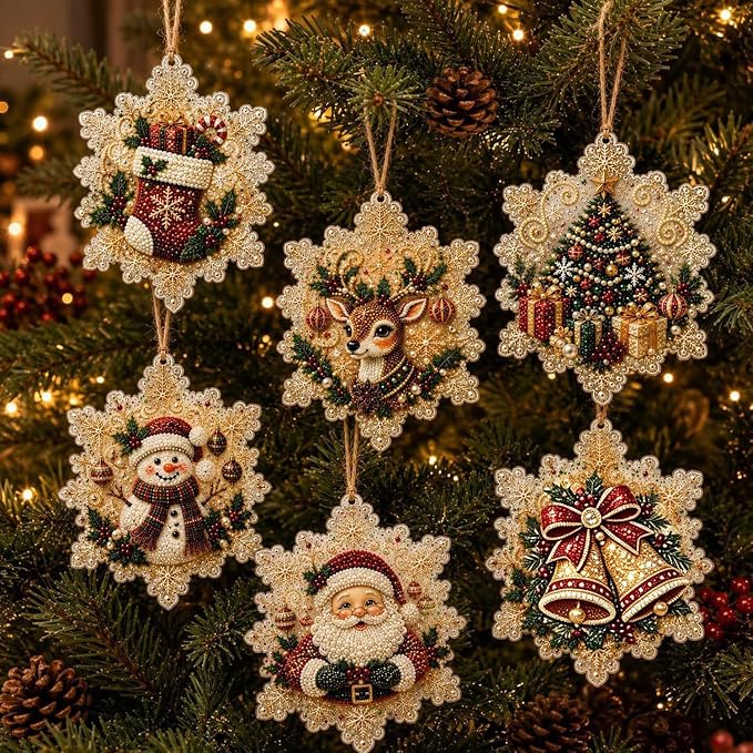6 Pcs DIY Christmas Diamond Painting, Wooden Decorations with Hanging Rope - skull painting