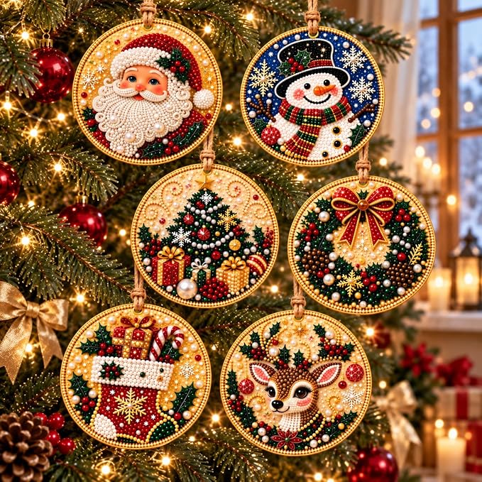 6 PCS DIY Pearl Diamond Art Kits for Adults, Wooden Christmas Ornaments - skull painting