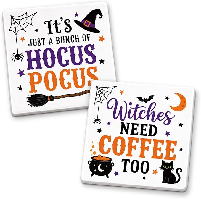 Witch Coffee Ceramic Coasters Set of 2, Halloween Drink Coasters - skull coaster