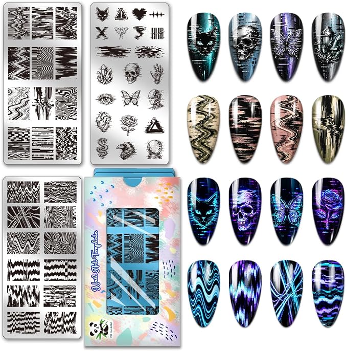PH PandaHall 3pcs Glitch Texture Nail Stamping Plates Skull Nail Templates - skull plate