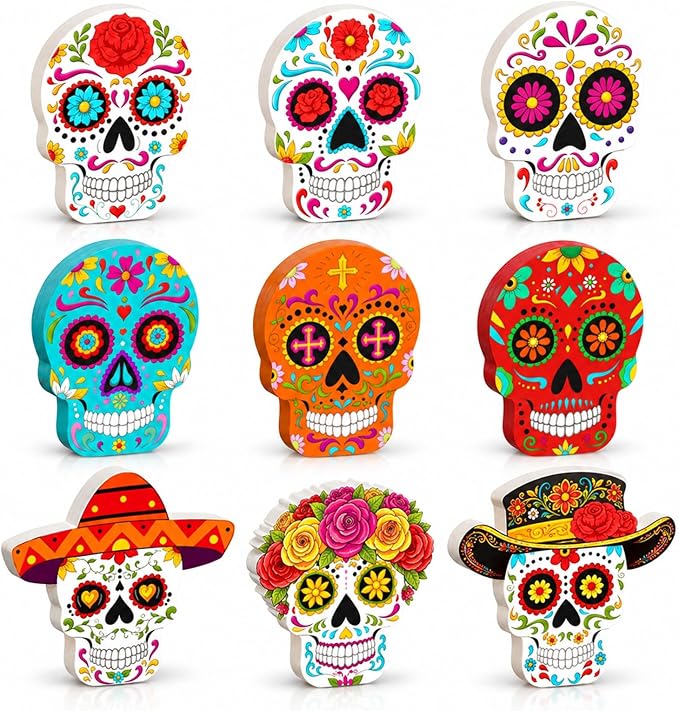 9-Piece Day of The Dead Decor, Sugar Skulls Boxwood Tabletop Set - skull figurine
