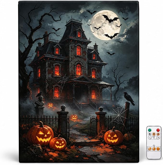 Ripple Flow Halloween Canvas Wall Art, Pumpkin Haunted Castle Wall Decor - skull wall art