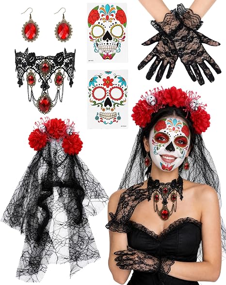 Day of the Dead Costume Accessories with Flower Headpiece Lace Choker Gloves Fan Earrings for Halloween Cosplay - skull sticker