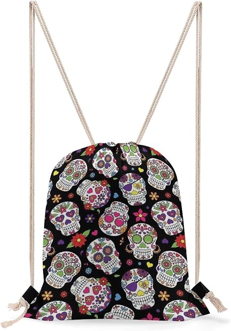Colorful Vintage Sugar Skull Durable Large Drawstring Backpack - skull backpack