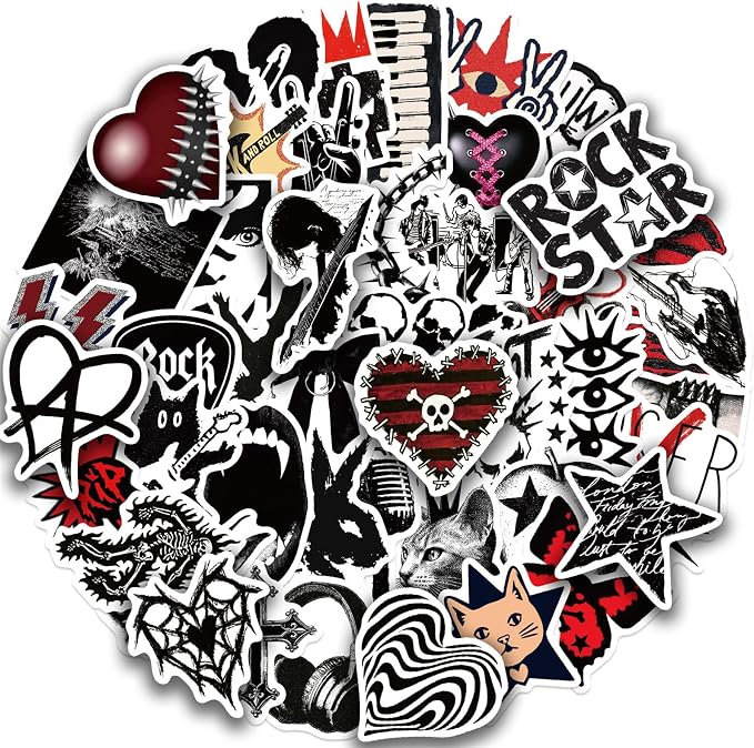 50pcs Punk Rock Stickers for Kids, Gothic Rock and Roll Waterproof Deals with Guitar,Skull,Heart Star for Laptop Journal Skateboard Classroom Sticker Packs for Teens Girls (Punksubculture) - skull sticker