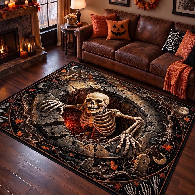 Halloween Skeleton Cave Area Rug, 4′ x 5′ Vintage Spooky Gothic Skull Rug