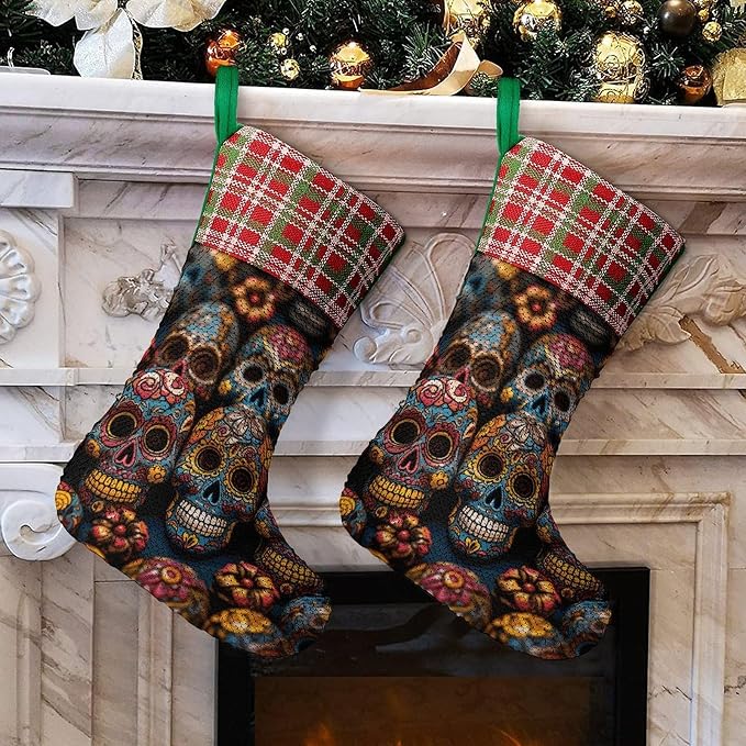 Colorful Sugar Skulls Christmas Stockings with Glitter Sequin - sugar skull costume