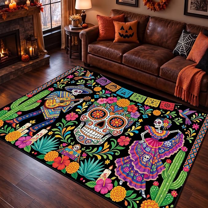 Day of the Dead Area Rug, 3' x 4', Mexican Halloween Skull Floor Carpet - skull floor mat