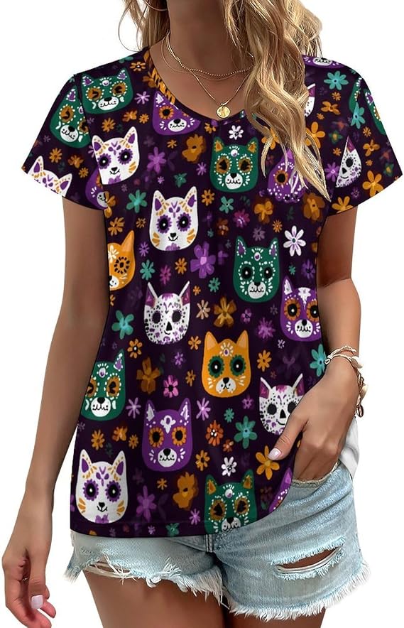 Cute Sugar Skull Cats Casual Women's Short Sleeve T-Shirt 5X-Large - skull leggings
