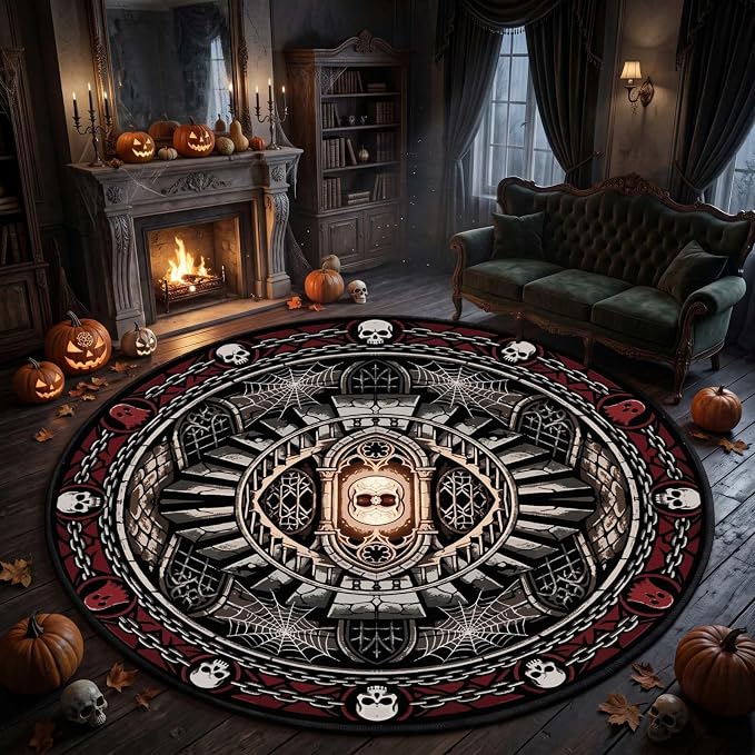 3D Optical Illusion Skull Ghos Staircase Round Washable Rugs2ft - skull carpet