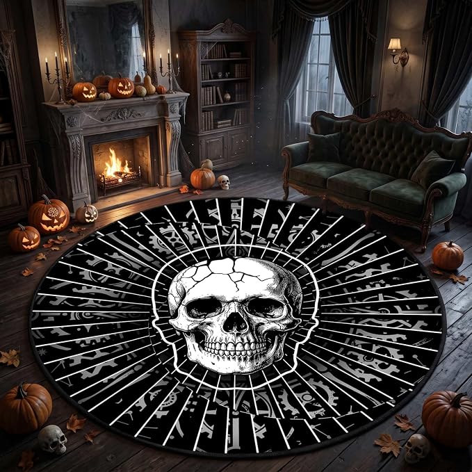 Round Halloween Rug2ft 3D Skull Gear Optical Illusion Area Rug - skull carpet