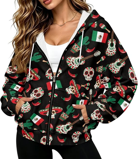 Women's Zip Up Hoodies Waffle Knit Long Sleeve Sweatshirt Tops - skull leggings